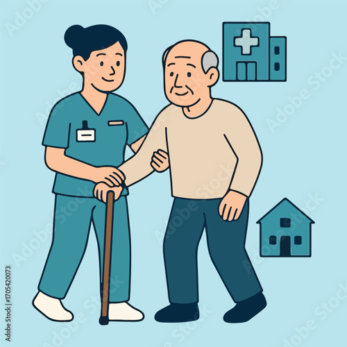 Caregiver assisting elderly man with walking stick