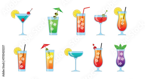 Collection of Colorful Tropical Cocktails with Garnishes.