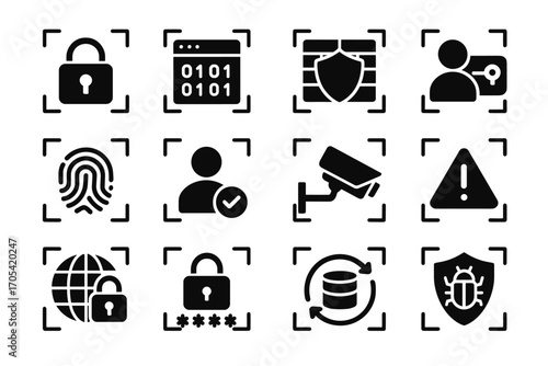 Control access firewall notification grid icon data authentication security encrypted vector antivirus