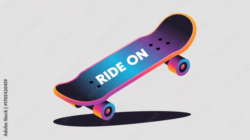 Fototapeta premium A vibrant skateboard with the words ride on in bold white letters, set against a clean, light gray background, casting a soft shadow