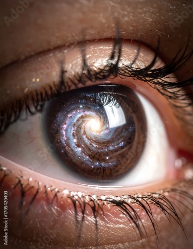A captivating close-up of a human eye with a swirling spiral galaxy as the iris, representing the cosmos within