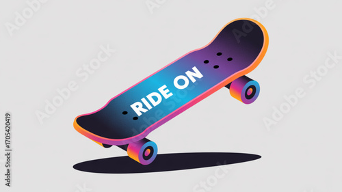 A vibrant skateboard with the words ride on in bold white letters, set against a clean, light gray background, casting a soft shadow