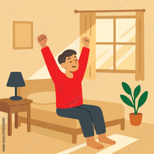 Morning stretch Man waking up in a sunny bedroom