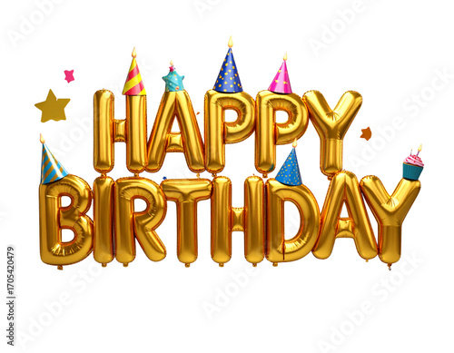  Playful Party Style Golden Balloon Happy Birthday Text with Celebration Items