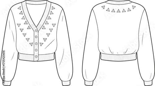 Flat fashion sketch, cropped cardigan, button closure sweater, triangle pattern design, ribbed hem and cuffs, front and back view, knitwear illustration vector, clothing technical drawing