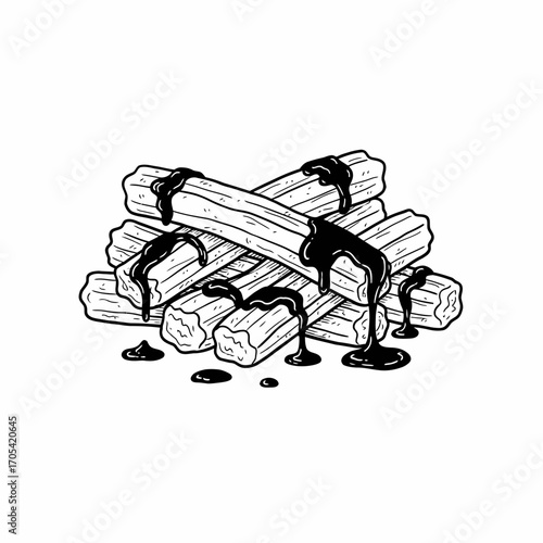 A black and white illustration of a stack of churros covered in chocolate.