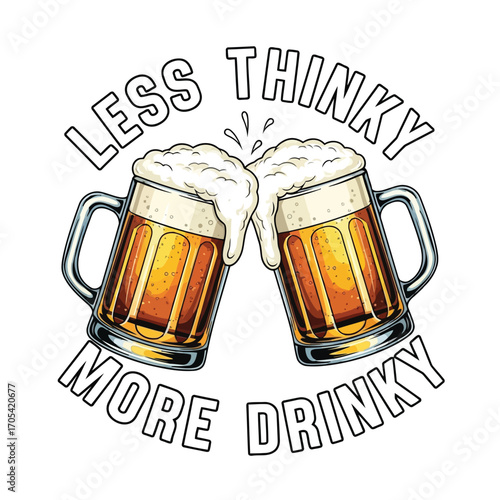Vector art of two frosty beer mugs clinking together with foam overflowing, celebrating less thinky, more drinky