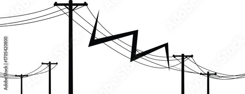 Power poles with wires, broken electric line, jagged wire break, utility pole vector, electrical network disruption, power outage concept, energy transmission failure