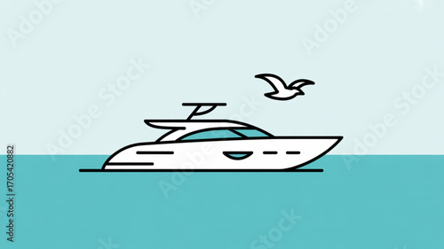 A sleek white yacht glides effortlessly on the water, a symbol of luxury and freedom, with a seagull soaring above