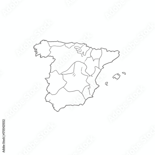 Outline map of Spain showing its regions and borders, depicted in a simple, minimalist style on a white background.