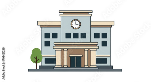 Modern School Building With Clock Tower And Tree.