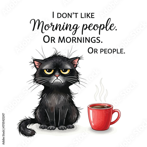 Vector art of a grumpy black cat sitting next to a cup of coffee, isolated on white background