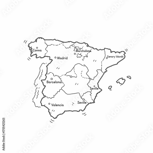 Hand-drawn map of Spain highlighting major cities like Madrid, Barcelona, Valencia, Seville, and the Canary Islands.