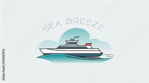 Sea breeze illustration of a boat on the water with text above it on a
