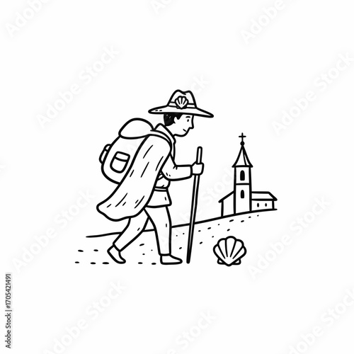 A pilgrim walks with a backpack and walking stick towards a church, symbolizing a journey of faith.