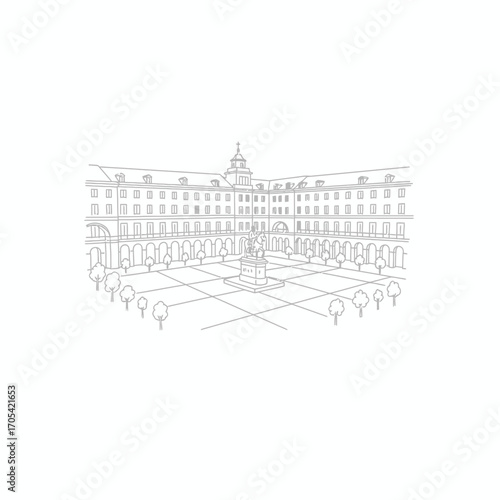 Line drawing depicts a grand, symmetrical building with a courtyard and statue.