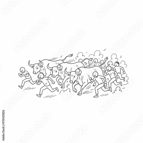 Sketch-style illustration of people running away from charging bulls, depicting a chaotic bull run scene.