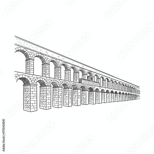 Illustration of an ancient aqueduct with arches and pillars, rendered in a detailed line drawing style.