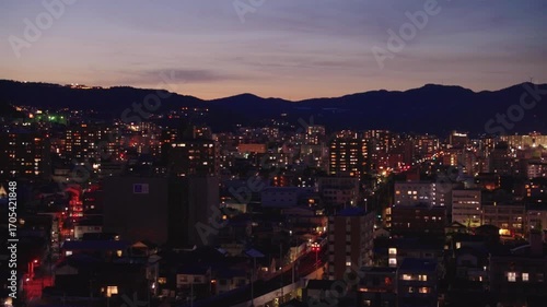 Beppu City, Lights come on in Twilight Summer Night, Train Departing in Background