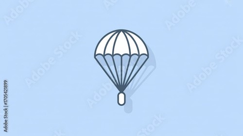 Parachute icon with a simple design on a light blue background, featuring a parachute with a person hanging below