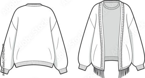 Flat sketch cardigan, fashion technical drawing, front and back view, fringe hem design, knitwear garment template, apparel CAD, open front sweater, fashion illustration vector