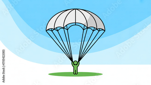 A person with a parachute is landing on the ground with a blue sky background in this simple vector illustration