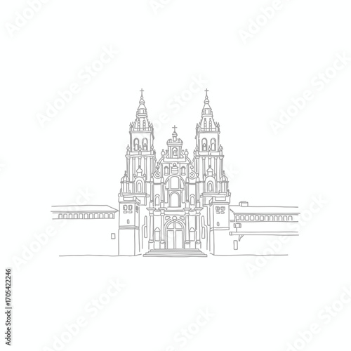 Line drawing of a grand cathedral facade with ornate towers and detailed architectural elements against a white background.