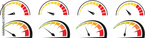 Speed signs. Speedometer black icons set. Speed indicators with arrows. Fast speed. Internet speed, gauge, dashboard, indicator, tachometer, scale. Credit score indicator. Risk levels meter icon