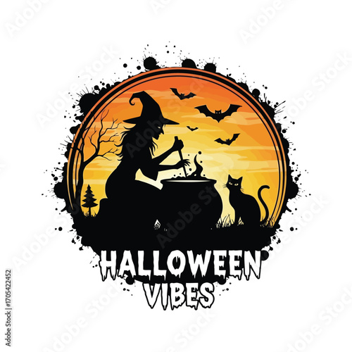 Vector art of a witch stirring a cauldron with a black cat beside her, during a halloween night