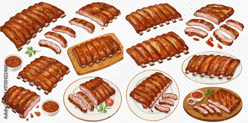 Collection of delicious grilled and barbecued ribs, presented as whole racks, sliced portions, and served on plates with sauce.