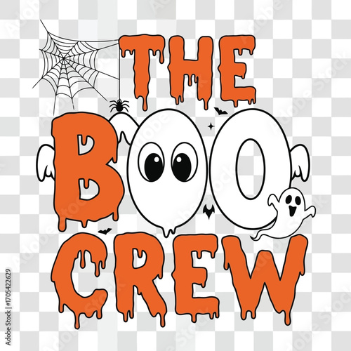 Vector art of the boo crew, a playful halloween design with ghosts and a spider web