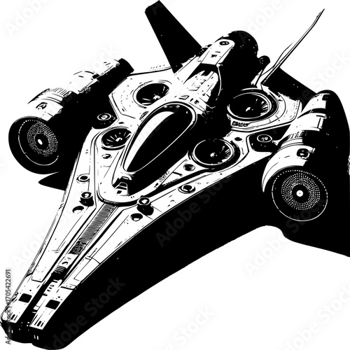 Futuristic Spaceship: A sleek and futuristic spaceship illustration, with a detailed design, suggesting advanced technology and interstellar travel. 