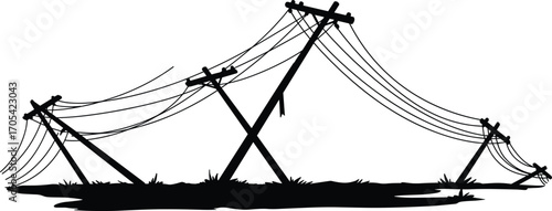 Fallen power poles, broken electric wires, damaged utility infrastructure, blackout scene, rural power outage, disaster aftermath, leaning poles, electrical collapse, storm damage, downed lines