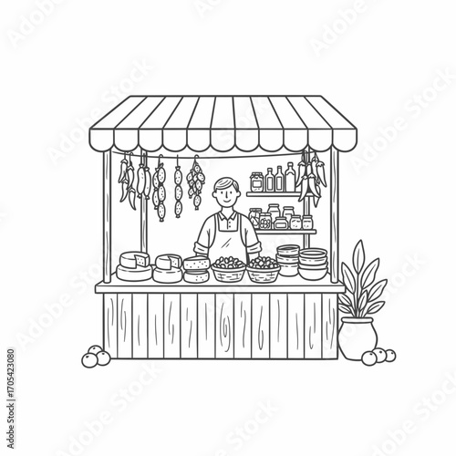 Line art illustration of a vendor standing behind a market stall filled with food items, under a striped awning.