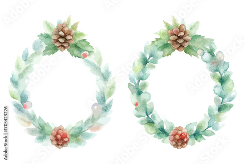 Watercolor Christmas wreaths pine cones vector illustration isolated on white background