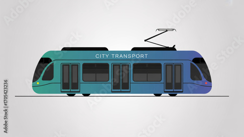 A modern city tram with a sleek design, showcasing city transport with a gradient of blue and green, symbolizing urban mobility