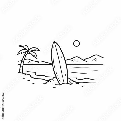 A minimalist line drawing showcasing a surfboard on a beach, with a palm tree and ocean scene.