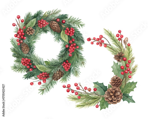 Watercolor Christmas wreaths pine cones