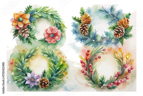 Watercolor Christmas wreaths pine cones
