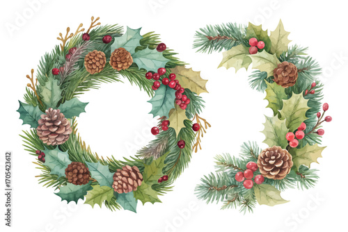 Watercolor Christmas wreaths pine cones vector illustration 