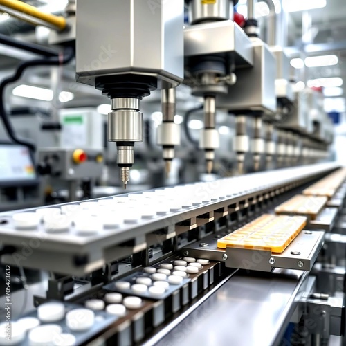 Pharmaceutical factory production line with automated machinery packaging medicine tablets ensuring quality control safety and efficiency in global healthcare supply chain