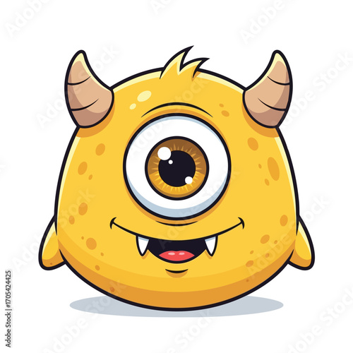 Vector art of a cheerful yellow oneeyed monster with small horns and a wide smile