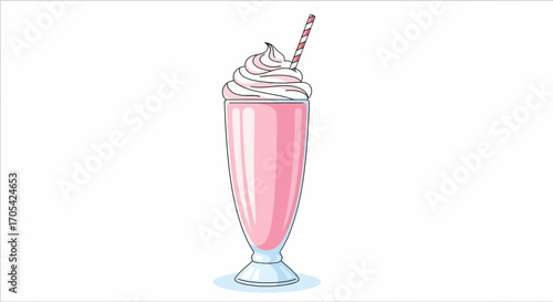 Cartoon Illustration Of Refreshing Pink Milkshake With Cream