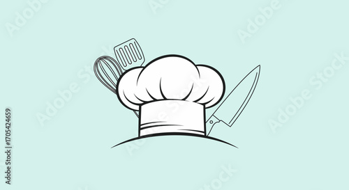 Chef's Hat With Culinary Utensils Minimalist Black And White Design