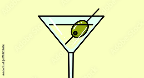Classic Dry Martini With Olive On A Pale Yellow Background