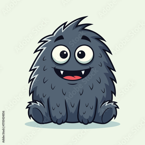 Vector art of a fluffy grey monster with big eyes grins widely
