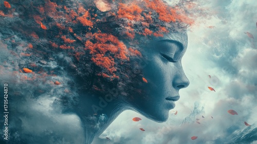 A surreal portrait of a woman with her head turned into a stormy sky with falling leaves.