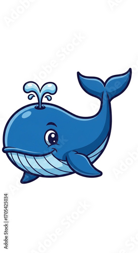 Cute Blue Whale Spouting Water Cartoon.