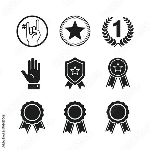 Vector art of a collection of nine black and white icons representing awards and achievements