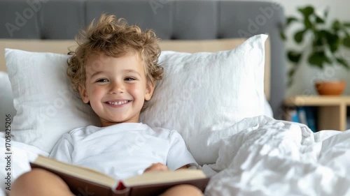 Wallpaper Mural Happy child with curly hair reading book in cozy bed, smiling amidst soft blankets and pillows Torontodigital.ca